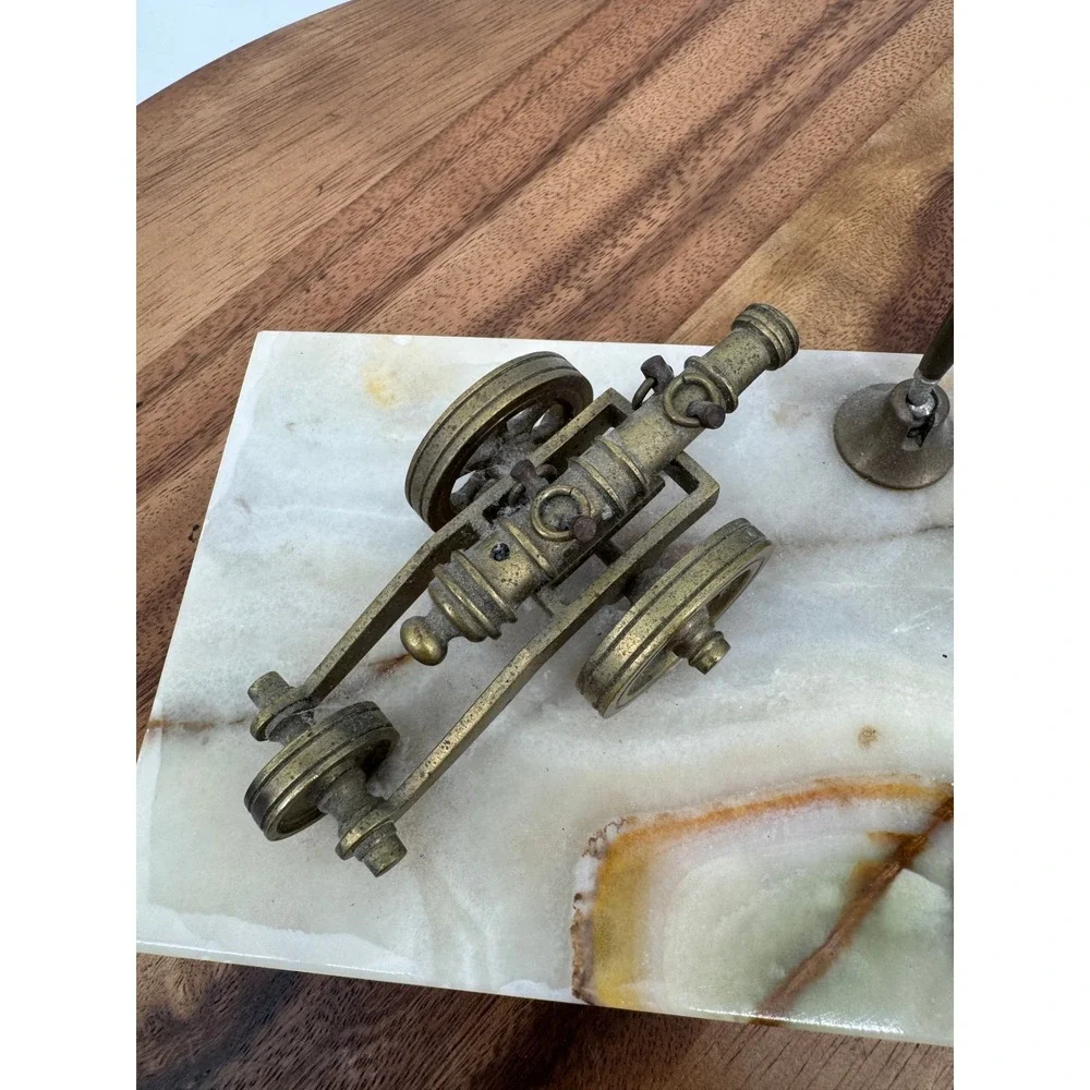 Vintage Onyx Marble Desk Set Brass Cannon Double Pen Stand Executive Office